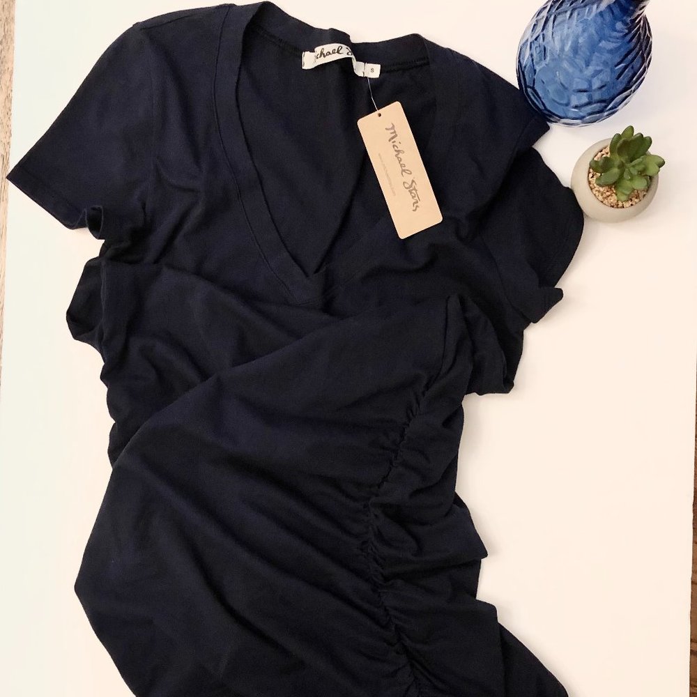 Michael Stars V-Neck Side Ruched Dress Navy S NWT